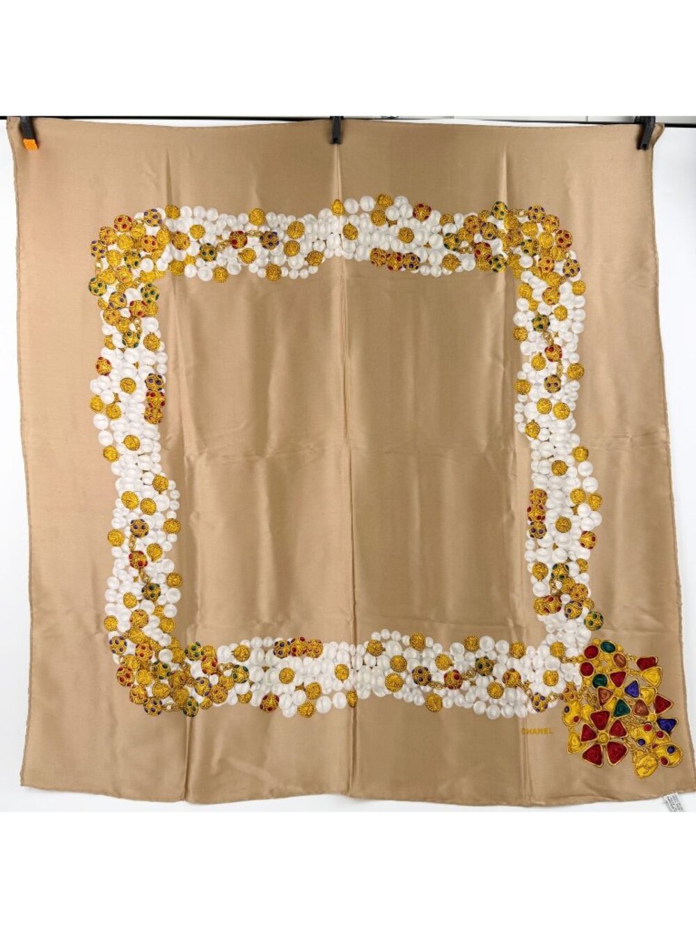 Chanel Pearl Pattern Scarf Silk Beige Gold White Multicolor Vintage